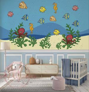 PAPEL DE PAREDE -   3D Infantil Fundo Do Mar Peixes Vinil 0,10 Alto Adesivo Sob Medida  Fosco Liso Dividimos Rolo de 40 a 60 cm 