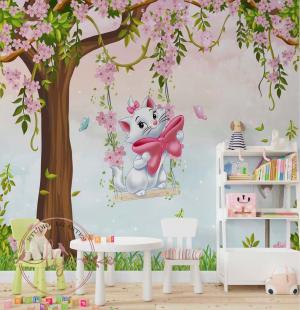 PAPEL DE PAREDE -   Árvore Gatinha Marie No Balanço Flores E Laços Rosa Vinil Quarto Menina Vinil 0,10 Alto Adesivo Sob Medida  Fosco Liso Dividimos Rolo de 40 a 60 cm 