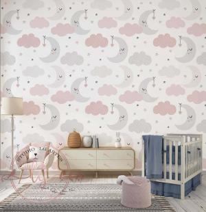 PAPEL DE PAREDE -     Baby Nuvens com Lua Vinil 0,10 Alto Adesivo Sob Medida  Fosco Liso Dividimos Rolo de 40 a 60 cm 