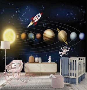 PAPEL DE PAREDE -  Foto Mural Infantil Astronauta, Planetas e Sistema Solar Vinil 0,10 Alto Adesivo Sob Medida  Fosco Liso Dividimos Rolo de 40 a 60 cm 