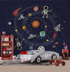 PAPEL DE PAREDE -  Foto Mural Infantil Astronauta, Planetas e Sistema Solar Vinil 0,10 Alto Adesivo Sob Medida  Fosco Liso Dividimos Rolo de 40 a 60 cm 