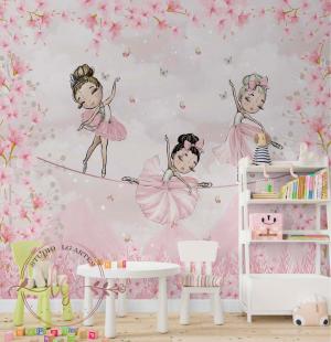 PAPEL DE PAREDE -    Foto Mural Infantil Bailarinas Dançando na Corda com Flores Rosa Vinil 0,10 Alto Adesivo Sob Medida  Fosco Liso Dividimos Rolo de 40 a 60 cm 