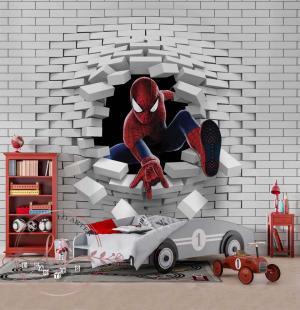 PAPEL DE PAREDE -   Foto Mural Infantil Homem Aranha Quebrando Parede Ilusão 3D Vinil 0,10 Alto Adesivo Sob Medida  Fosco Liso Dividimos Rolo de 40 a 60 cm 