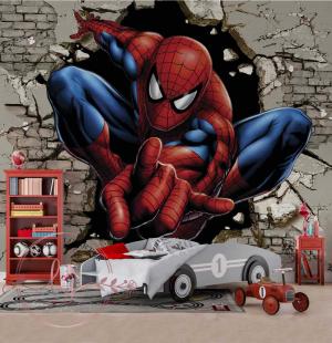 PAPEL DE PAREDE -   Foto Mural Infantil Homem Aranha Quebrando Parede Ilusão 3d Vinil 0,10 Alto Adesivo Sob Medida  Fosco Liso Dividimos Rolo de 40 a 60 cm 