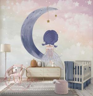 PAPEL DE PAREDE - Foto Mural Infantil Menina Fada Na Lua Vinil 0,10 Alto Adesivo Sob Medida  Fosco Liso Dividimos Rolo de 40 a 60 cm 