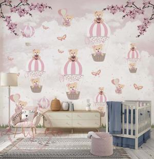 PAPEL DE PAREDE -     Foto Mural Infantil Ursinha Balão Rosa Com Borboletas Vinil 0,10 Alto Adesivo Sob Medida  Fosco Liso Dividimos Rolo de 40 a 60 cm 