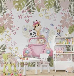 PAPEL DE PAREDE -  Foto Mural Safari Menina Animais Fusca Rosa Baby Quarto Infantil Vinil 0,10 Alto Adesivo Sob Medida  Fosco Liso Dividimos Rolo de 40 a 60 cm 