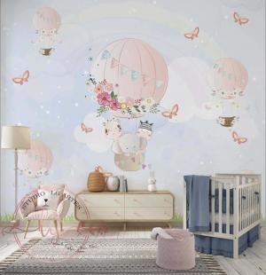 PAPEL DE PAREDE -  Infantil Baby Kids Balão Rosa e Animais Vinil 0,10 Alto Adesivo Sob Medida  Fosco Liso Dividimos Rolo de 40 a 60 cm 