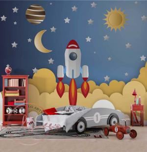 PAPEL DE PAREDE -  Infantil Foguete Astronauta Espaço Vinil 0,10 Alto Adesivo Sob Medida  Fosco Liso Dividimos Rolo de 40 a 60 cm 