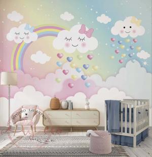 PAPEL DE PAREDE -   Infantil Nuvens e Arco-íris Vinil 0,10 Alto Adesivo Sob Medida  Fosco Liso Dividimos Rolo de 40 a 60 cm 