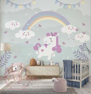 PAPEL DE PAREDE - Infantil Tema Unicórnio Arco-íris Vinil 0,10 Alto Adesivo Sob Medida  Fosco Liso Dividimos Rolo de 40 a 60 cm 