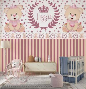 PAPEL DE PAREDE -  Mural Infantil Princesa Ursinha Com Coroa e Listras Vinil 0,10 Alto Adesivo Sob Medida  Fosco Liso Dividimos Rolo de 40 a 60 cm 