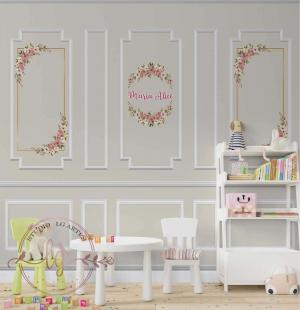 PAPEL DE PAREDE -   Personalizado Infantil Menina Quarto Clássico Molduras Brancas Boiserie Fundo Verde Capim Nome E Flores Personalizado Vinil 0,10 Alto Adesivo Sob Medida  Fosco Liso Dividimos Rolo de 40 a 60 cm 